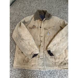 VTG Carharrt Jacket Mens M/L Brown Blanket Lined Corduroy Canvas Thrashed